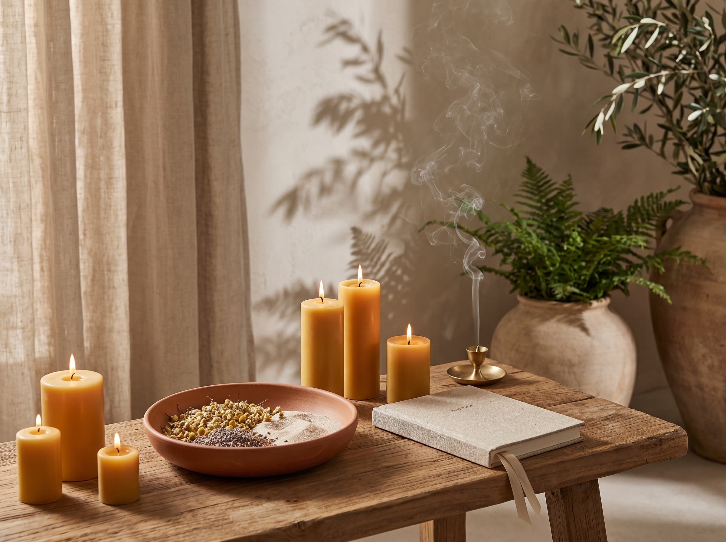 Velas y botánicos sobre mesa