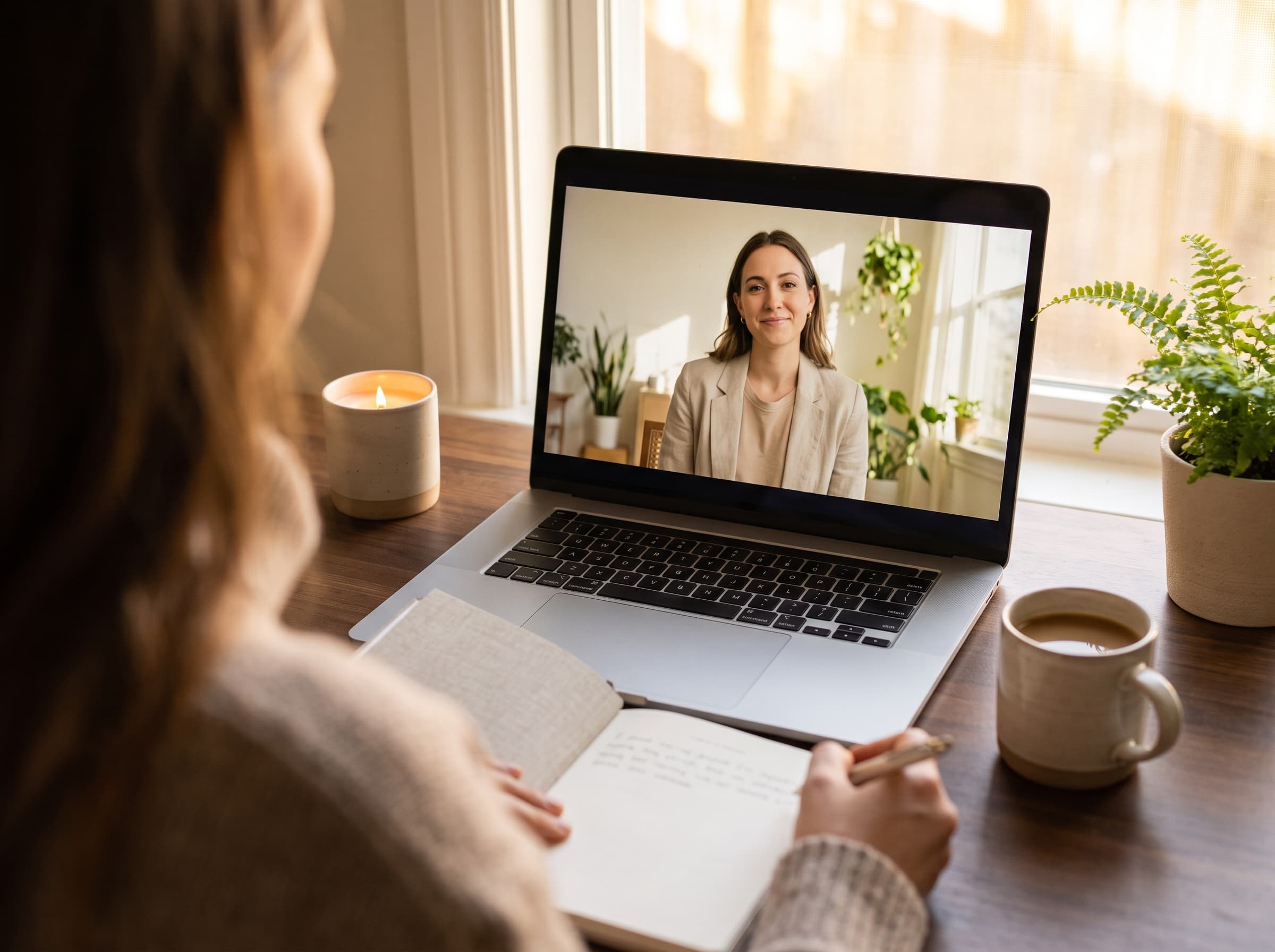 Mujer en videollamada con diario